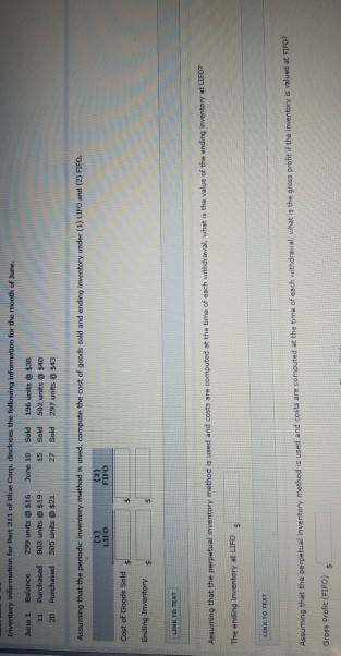 Trentory information for Part 311 of Blue Carp, disclases the following information for the month of Jane 11 20 Balance Purch