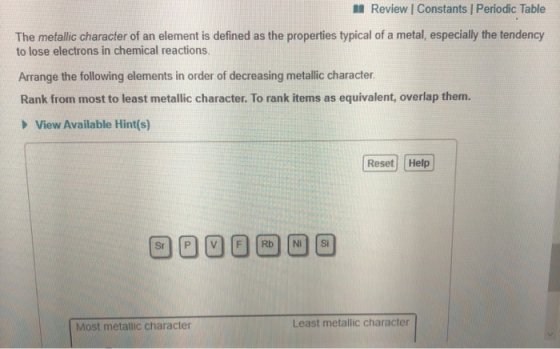 A Review | Constants | Periodic Table The metallic character of an element is defined as the properties typical of a metal, e