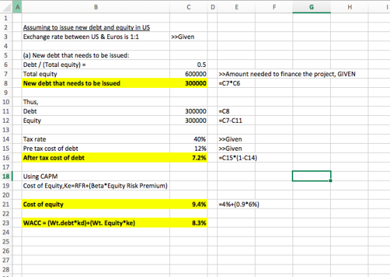 A D F 1 2 Assuming to issue new debt and equity in US Exchange rate between US & Euros is 1:1 >Given 4 (a) New debt that need