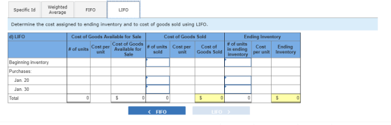 Weighted Average Specific Id FIFO LIFO Determine the cost assigned to ending inventory and to cost of goods sold using LIFO d) LIFO Cost of Goods Available for Sale Cost of Goods Sold Ending Inventory # of units | Cost Cost of Goods Available for | # of units Cost per Ending Cost in ending per unit Inventory # of units Costper unit sold unit Goods Sold Sale invento Beginning inventory Purchases: Jan. 20 Jan. 30 Total FIFO LIFO