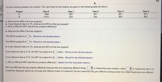 You are choosing between two projects. The cash flows for the projects are given in the following table ($ milion); Project Y