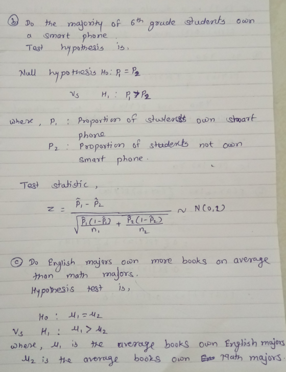 (3 of 6th grade students own Do the majority a smart phone Test hypothesis is, Hull hypothesis Ho: P = P2 VS Hi : P 7Pq where