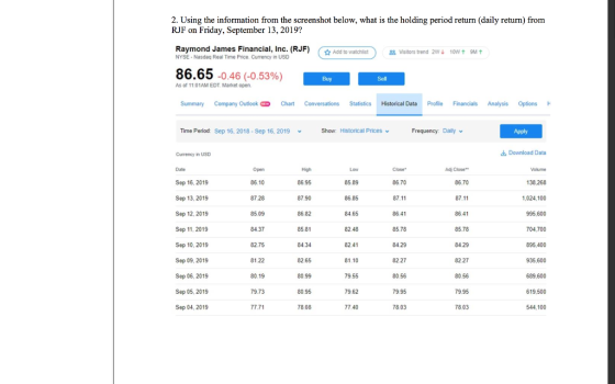 2. Using the information from the screenshot below, what is the holding period return (daily return) from RIF on Friday, Sept