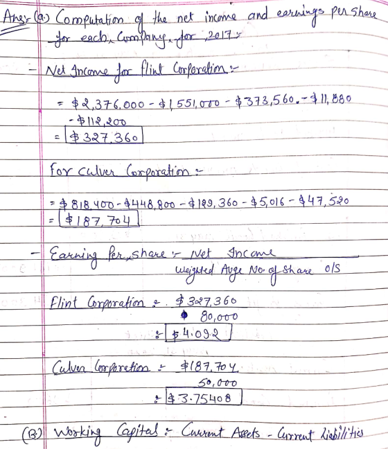 Any: (a) Computation of the net income and earnings pershere for each com Range fler_2017 - Net Income for flint Corporation