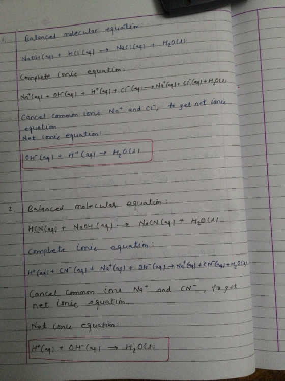 Balanced molecular equation Naoh (ags + HCl Carl Nachlag) + H₂ole Complete conic equation Na (+ OH Cap. L + H+ (aq) + CC (4)
