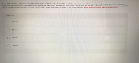 In 2017, HD had reported a defered tax asset of $58 million with no veluation allowance At December 31, 2018, the account bal