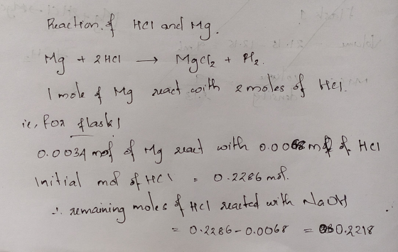 Reaction of Hel and ing. 17 Mg + 2H01 Migel + Ple. Imole of ing react coith amoles of Hein ic, for flasks 0.0034 moh of My re