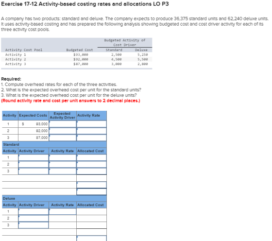 Exercise 17-12 Activity-based costing rates and allocations LO P3 A company has two products: standard and deluxe. The compan