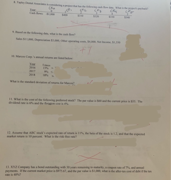 8. Tapley Dental Associates is considering a project that has the following cash flow data. What is the projects payback? -