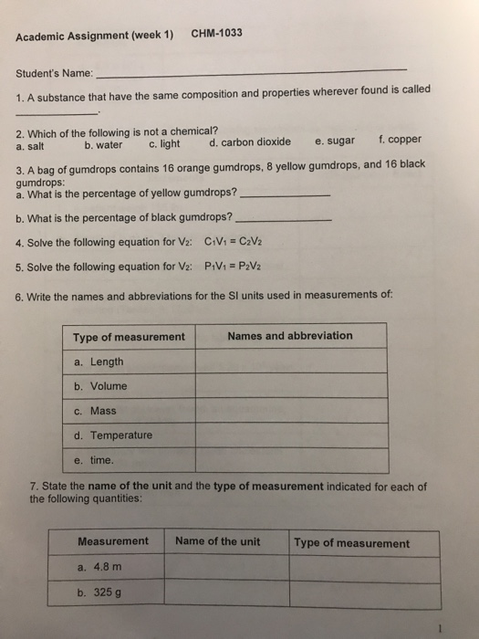 Academic Assignment (week 1) CHM-1033 Students Name: 1. A substance that have the same composition and properties wherever f