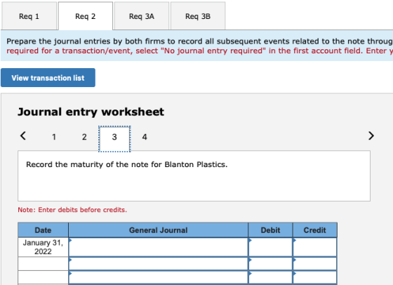 Req 1 Req 2 Req ЗА Req 3B Prepare the journal entries by both firms to record all subsequent events related to the note throu