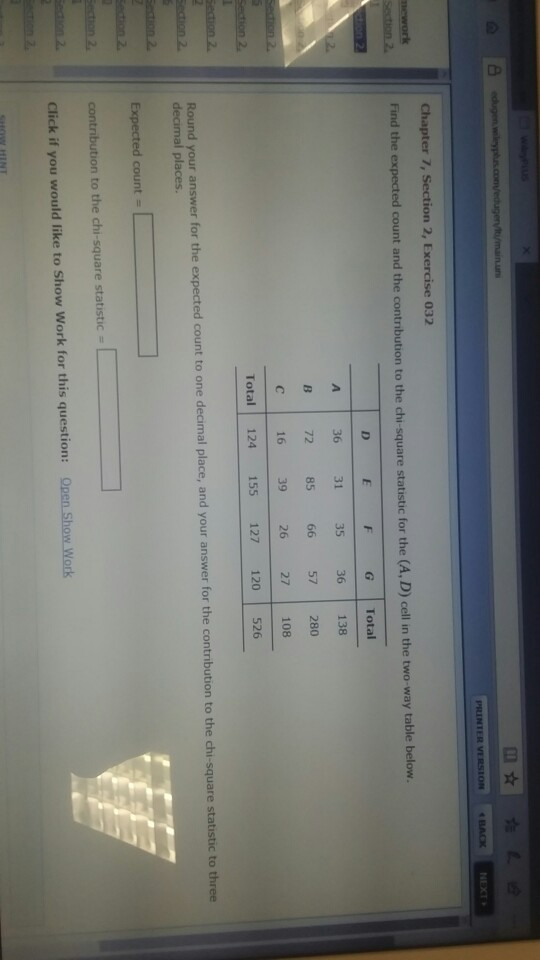 2, Exercise 032 Find the expected count and the contribution to the chi-square statistic for the (A, D) cell in the two-way t