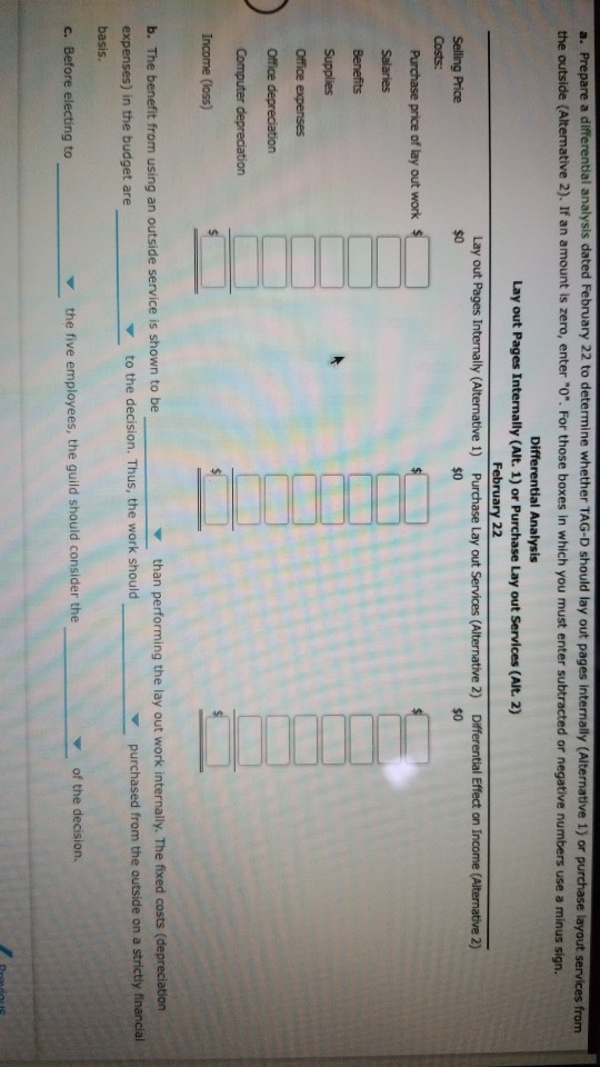 dated February 22 to determine whether TAG-D should lay out pages internally (Alternative 1) or purchase layout services from