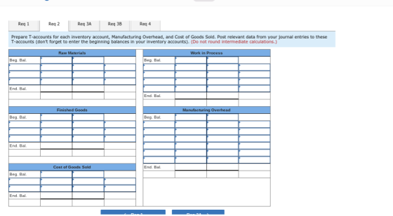 Reg 1 Reg 2 Reg ЗА Reg 3B Reg 4 Prepare T-accounts for each inventory account, Manufacturing Overhead, and Cost of Goods Sold