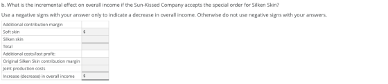 b. What is the incremental effect on overall income if the Sun-Kissed Company accepts the special order for Silken Skin? Use