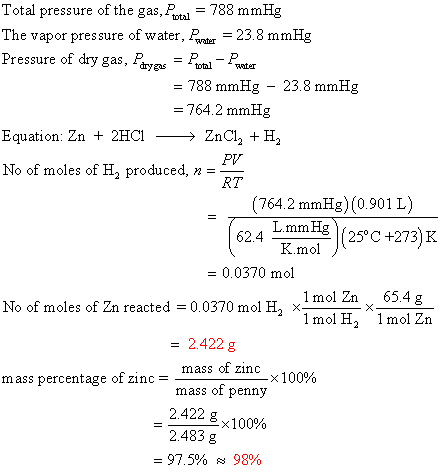 Total pressure of the gas, ta788 mmHg The vapor pressure of water, 23.8 mmHg Pressure of dry gas, Paye eda toal ater 788 mmHg