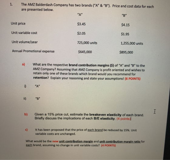 1. The AMZ Balderdash Company has two brands (A & B). Price and cost data for each are presented below. A B Unit pric