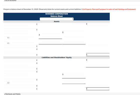 List of Accounts Prepare a balance sheet at December 31, 2020. (Show only totals for current assets and current liabilities.)