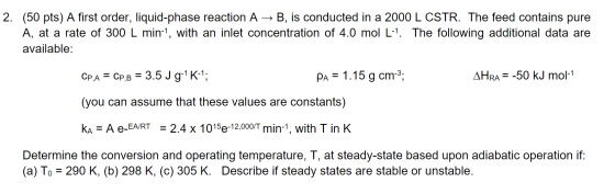 2. (50 pts) A first order, liquid-phase reaction A → B, is conducted in a 2000 L CSTR. The feed contains pure A, at a rate of