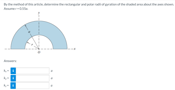 By the method of this article, determine the rectangular and polar radii of gyration of the shaded area about the axes shown.