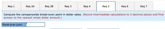 Req 1 Req 2A Req 2B Req 3 Req 4 Req 5 Req 6 Req 7 Compute the companywide break-even point in dollar sales. (Round intermedia