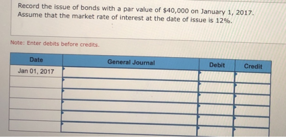 Record the issue of bonds with a par value of $40,000 on January 1, 2017. Assume that the market rate of interest at the date
