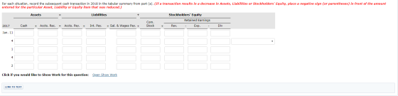For each situation, record the subsequent cash transaction in 2018 in the tabular summary from part (a). (If a transaction re