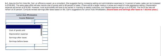 b-1. Assume the firm hires Ms. Carr, an efficiency expert, as a consultant. She suggests that by increasing selling and administrative expenses to 14 percent of sales, sales can be increased to $790,600. The extra sales effort will also reduce cost of goods sold to 66 percent of sales. (There will be a larger markup in prices as a result of more aggressive selling.) Depreciation expense will remain at $18,000. However, more automobiles will have to be carried in inventory to satisfy customers, and interest expense will go up to $18,000. The firms tax rate will remain at 30 percent. Compute revised earnings after taxes based on Ms. Carrs suggestions for Lemon Auto Wholesalers. (Round taxes and earnings after taxes to 1 decimal place.) Lemon Auto Wholesalers Income Statement Cost of goods sold Depreciation expense Earnings after taxes Earnings before taxes