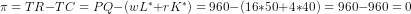 \pi = TR - TC = PQ - (wL^* + rK^*) = 960 - (16*50 + 4*40) = 960 - 960 = 0