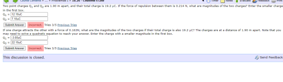 Course Contents Prol Print emas 1 » 18.26 Louiomb U Notes Evaluate Feedback Two point charges Q1 and Q2 are 1.90 m apart, and