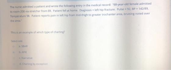 The nurse admitted a patient and wrote the following entry in the medical record: 68-year-old female admitted to room 208 vi