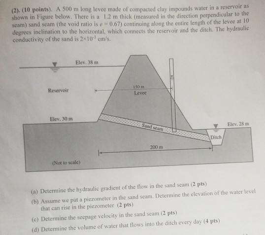 (2). (10 points). A 500 m long levee made of compacted clay impounds water in a reservoir as shown in Figure below. There is
