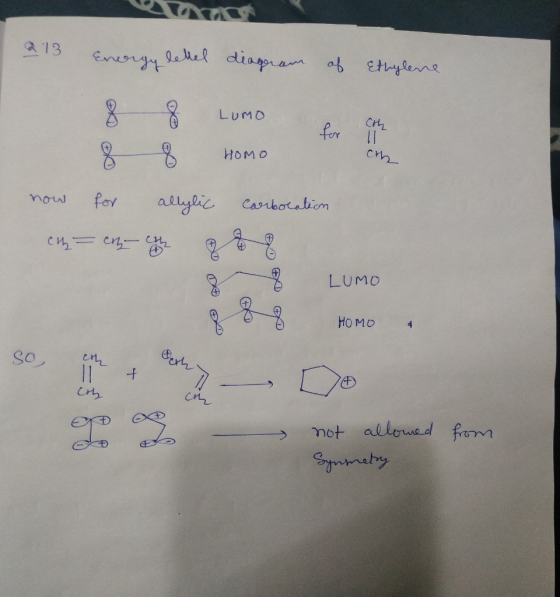 13 9ehel diapram af Ethylene Enoryy LUMO CH 1 cm fr HOMO Casrboratiom allylic for now LUMO HOMO So 11 mot allowed fom Symety