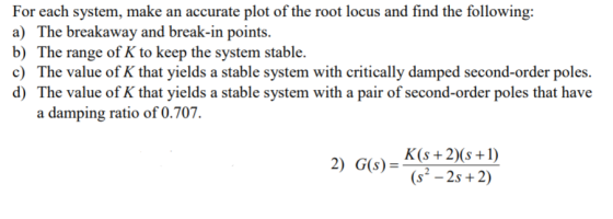 For each system, make an accurate plot of the root locus and find the following: a) The breakaway and break-in points. b) The