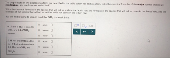 the pitepara of t aus o ion ih table below. For each solution, write the chemical formulas of the major spedies present at equilibrium. You can leave out water itself. Write the chemical formulas of the species that wll act as acids in the acids row, the formulas of the species that will act as bases in the bases row, and the formulas of the species that will act as neither acids nor bases in the other row You will find it useful to keep in mind that NH3 is a weak base. 0.17 mol of HCI is added to 1.0L of a 14 MNH, bases: D solution. O other: 0.38 mol of NaOH is addedacds: to 1.0 L of a solution that is 1.1 M in both NH3 and NH,Br U bases 0 other: