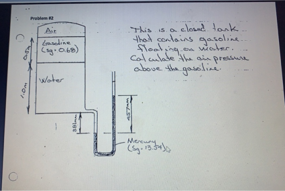 Problem #2 I Air Gasoline (sg..0.68) OSM This is a closed tank .. that contains gasoline. floating on weater.. calculate the