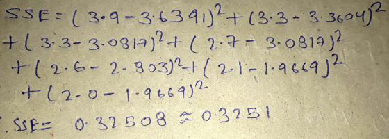 SSE= (3.9-3.6391)2 + (3.3 -3.360472 +(3-3-3,0819)?+ ( 2.7 - 3.0319)2 +(2.6-2.803)2+(2.1-1.966972 it (2.0– 1.966992. - SSE- 0.