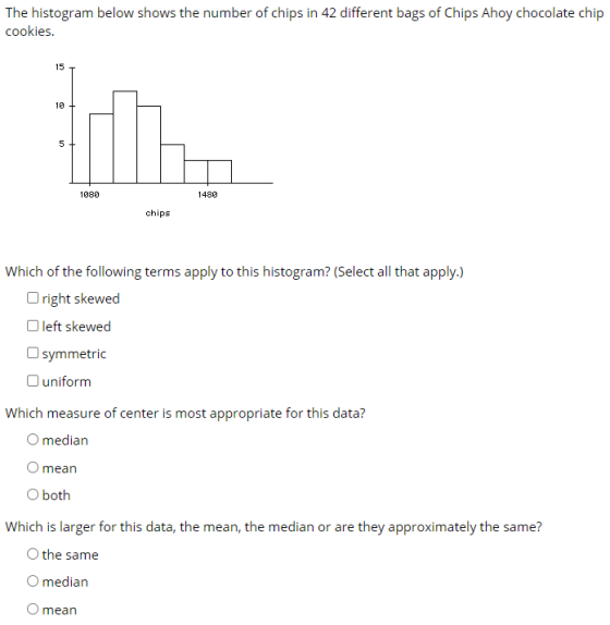 The histogram below shows the number of chips in 42 different bags of Chips Ahoy chocolate chip cookies. 15 10 he 5 1080 1480