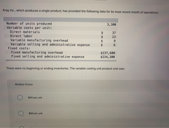 Kray Inc., which produces a single product, has provided the following data for its most recent month of operations: 3,300 37