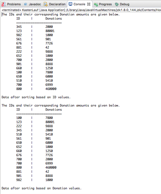 Problems Javadoc Declaration Console Progress Debug <terminated> KastenLauf [Java Application] /Library/Java/JavaVirtualMachi