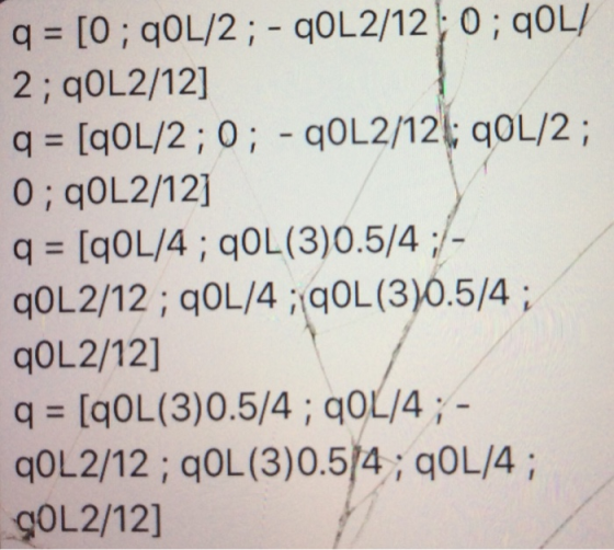 q = [0 ; q0L/2 ; - COL2/12; 0; QOL! 2 ; qOL2/12] q = [qOL/2;0; - COL2/12; qOL/2; 0; COL2/12] q = [q0L/4;qOL(3)0.5/4 ; - qOL2/