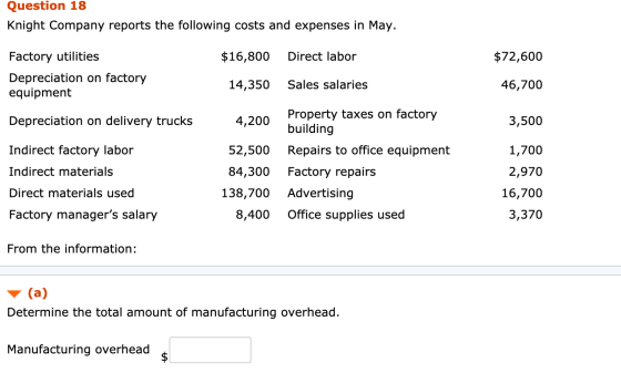 Question 18 Knight Company reports the following costs and expenses in May. Factory utilities $16,800 Direct labor $72,600 De