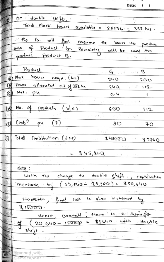 Date: 11 on : double 1. Toral Machi hours available = 2x176 = 352 hrs. The Co. will first Imax. of Product G. Loroduce produc