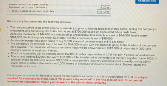 Check my work common stock par value) Retained earnings (deficit) Total liabilities and equities DU, UUU (86,000) $ 697,000 T