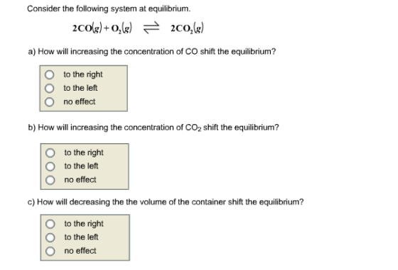 Consider the following system at equilibrium. 2co a) How will increasing the concentration of CO shift the equilibrium? O to the right O to the left O no effect b) How will increasing the concentration of CO2 shift the equilibrium? O to the right O to the left O no effect c) How will decreasing the the volume of the container shift the equilibrium? O to the right O to the left O no effect