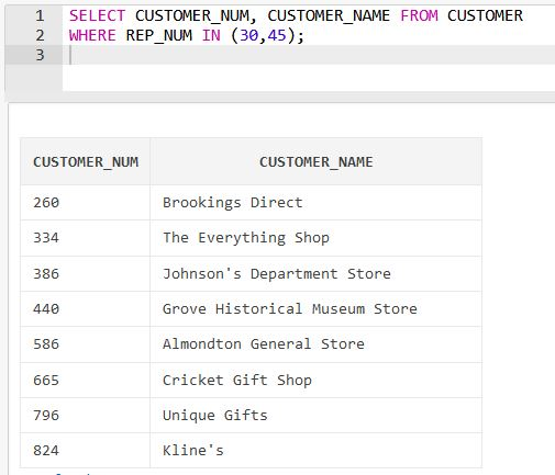 1 SELECT CUSTOMER_NUM, CUSTOMER_NAME FROM CUSTOMER WHERE REP-NUM IN (30,45); 3 CUSTOMER NUM CUSTOMER_ NAME Brookings Direct 2