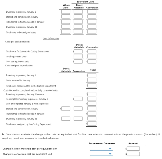 Whole Units Equivalent Units Direct Materials Conversion Inventory in process, January 1 Started and completed in January Tra