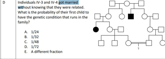 D Individuals IV-3 and IV-4 got married without knowing that they were related. What is the probability of their first child