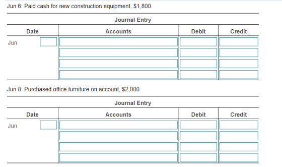 Jun 6: Paid cash for new construction equipment, $1,800. Journal Entry Date Accounts Debit Credit Jun Jun 8: Purchased office