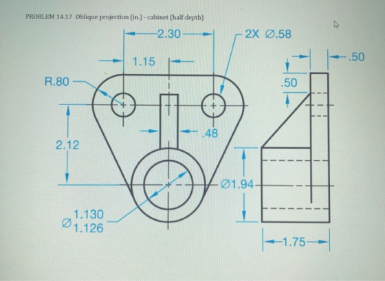 PROBLEM 14.17 Oblique projection (in.) - cabinet (half depth) -2.30– 2x 0.58 1.15 2.50 R.80 50 2.12 01.94 01.126 1.130